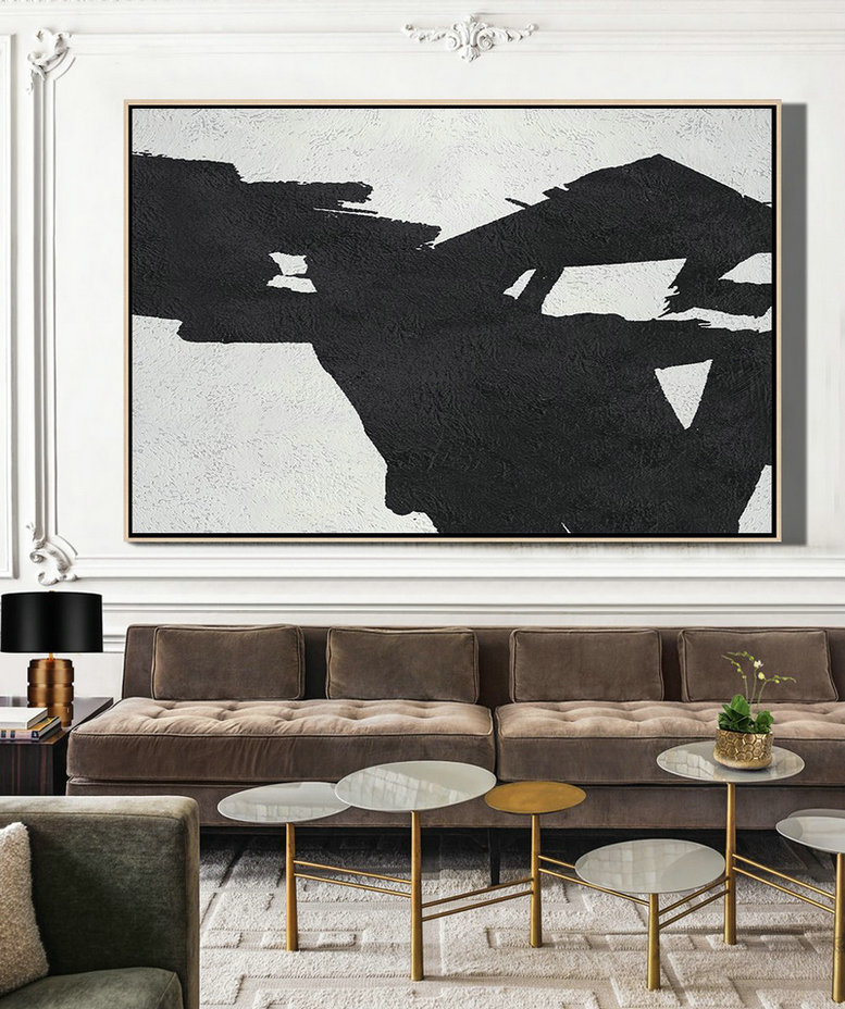 Large Paintings For Living Room,Hand Painted Oversized Horizontal Minimal Art On Canvas, Black And White Minimalist Painting - Living Room Canvas Art